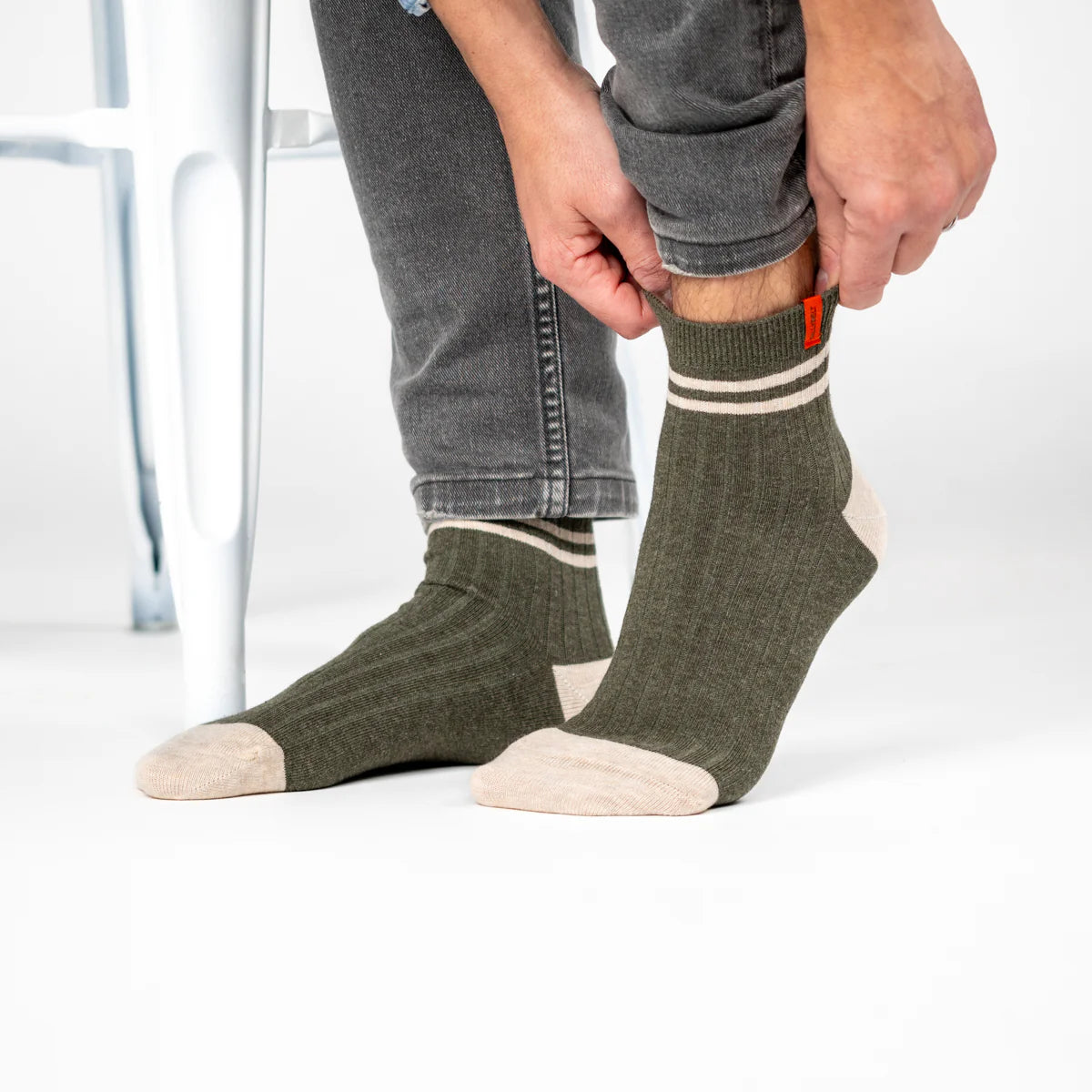 Billybelt - Chaussettes en coton peigné mi-hautes - Kaki, rayé beige