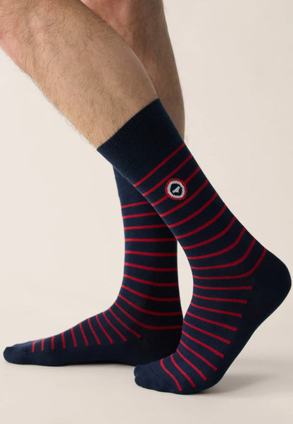 Le Slip Français - Chaussettes mi-hautes rayées Robuste - Bleu marine et rouge