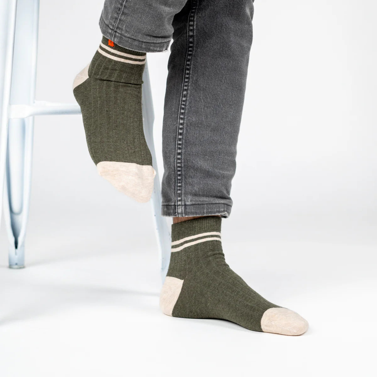 Billybelt - Chaussettes en coton peigné mi-hautes - Kaki, rayé beige