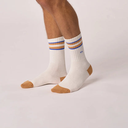 Billybelt - Chaussettes en coton peigné rétro - Blanc, rayé bleu et camel