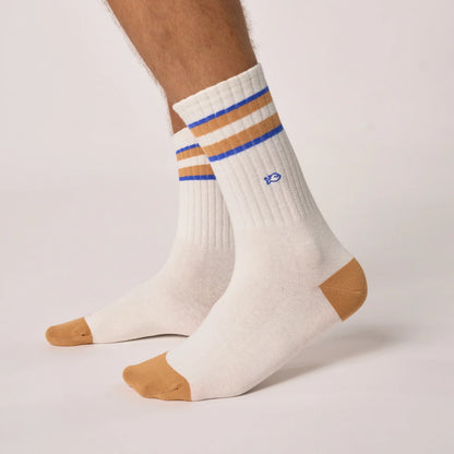 Billybelt - Chaussettes en coton peigné rétro - Blanc, rayé bleu et camel