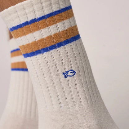 Billybelt - Chaussettes en coton peigné rétro - Blanc, rayé bleu et camel